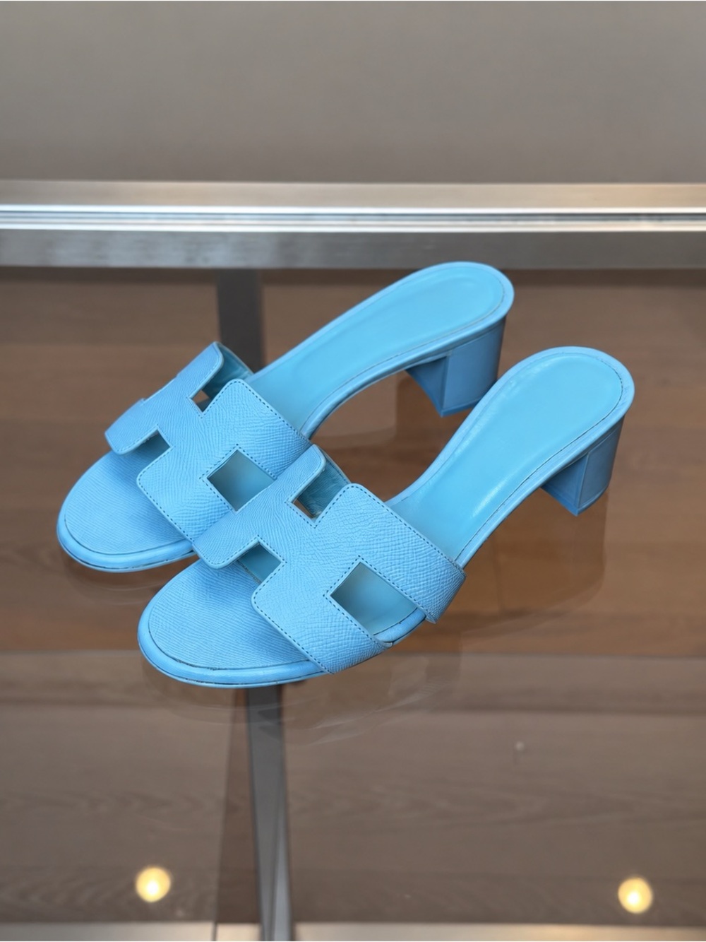 Hermes Sky Blue Oran Slide Mules with Block Heel